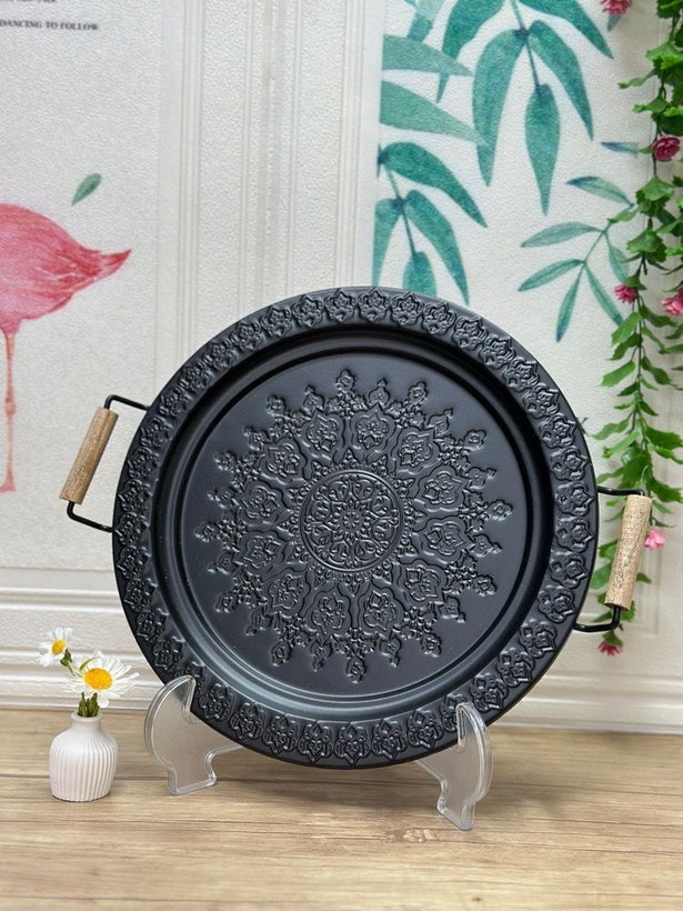 سینی گردومستطیل فلزی طرحداردسته چوبی