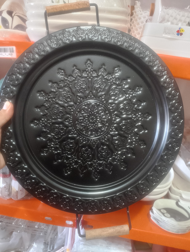 سینی گردومستطیل فلزی طرحداردسته چوبی